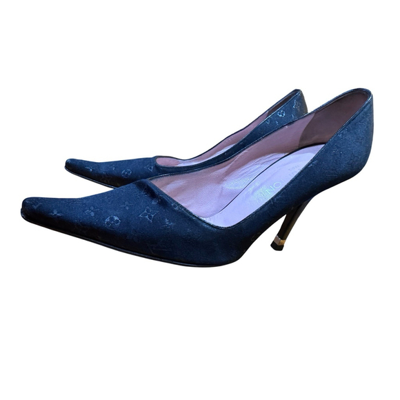 Louis Vuitton Black Monogram Mini Lin Satin Pumps in Box With COA - Picture 6 of 16